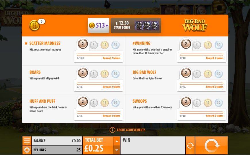 A screenshot of Quickspin's Achievement Engine