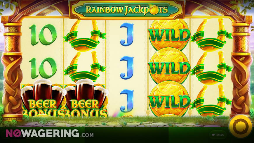 A screenshot of Rainbow Jackpots slot gameplay