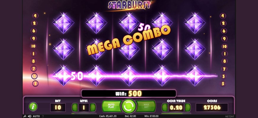 A screenshot of Starburst slot rolling a Mega Combo
