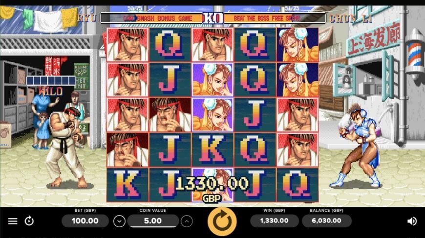 A screenshot of Street Fighter 2 slot gameplay