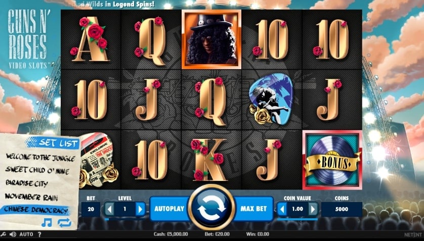 A screenshot of Guns N' Roses slot gameplay