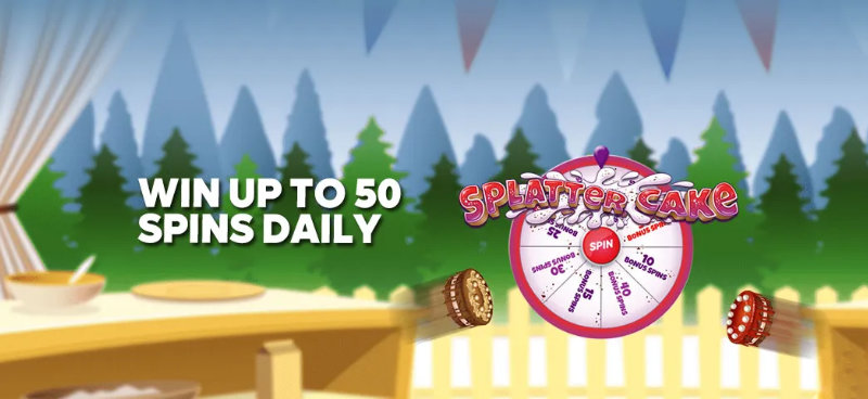 Win up to 50 free spins on Buzz Bingo's Splatter Cake Daily Spinner - Banner