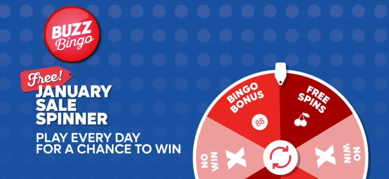 Win bingo bonuses and more on Buzz Bingo's Free January Sale Spinner - Banner