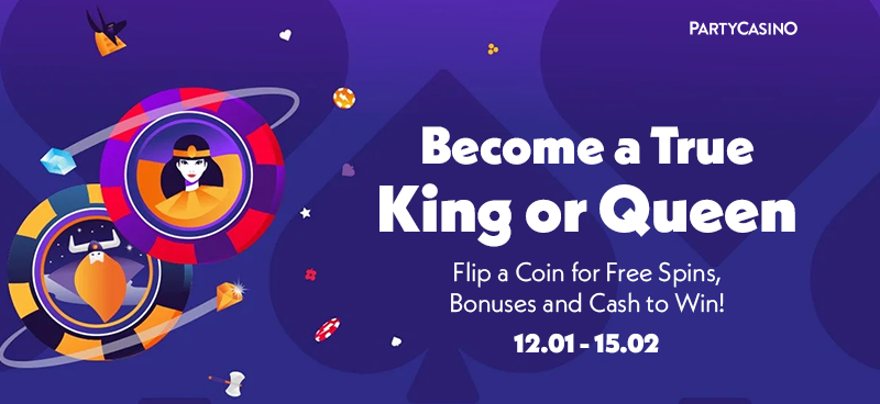 Win free spins, bonuses & cash in Party Casino's Kings or Queens - Banner