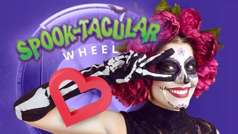 Wager-free prizes for playing the Spooktacular Double Wheel at Heart Bingo this Halloween - Banner