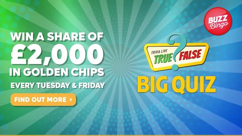 Win live casino chips in the Big Quiz at Buzz Bingo - Winnings paid in cash with no wagering! - Banner